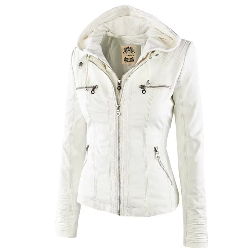 2025 Fashion Winter Faux Leather Jacket Women'S Basic Jackets Hooded Black Slim Motorcycle Jacket Women Coats Female Jaqueta