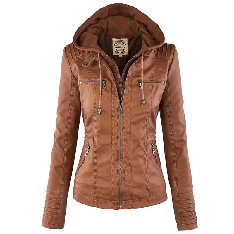 2025 Fashion Winter Faux Leather Jacket Women'S Basic Jackets Hooded Black Slim Motorcycle Jacket Women Coats Female Jaqueta