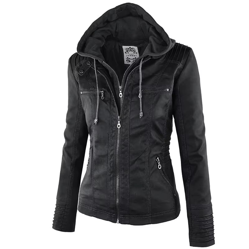 2025 Fashion Winter Faux Leather Jacket Women'S Basic Jackets Hooded Black Slim Motorcycle Jacket Women Coats Female Jaqueta