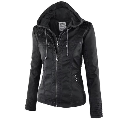 2025 Fashion Winter Faux Leather Jacket Women'S Basic Jackets Hooded Black Slim Motorcycle Jacket Women Coats Female Jaqueta
